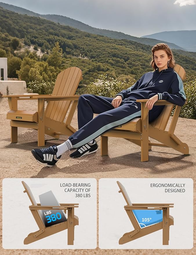 Carauci Plastic HDPE Adirondack Chair, Folding Adirondack Chair Weather Resistant with Cup Holder, Wooden Textured Fire Pit Outdoor Chair for Garden, Porch, Lawn, Backyard, Supports 380LBS, Teak