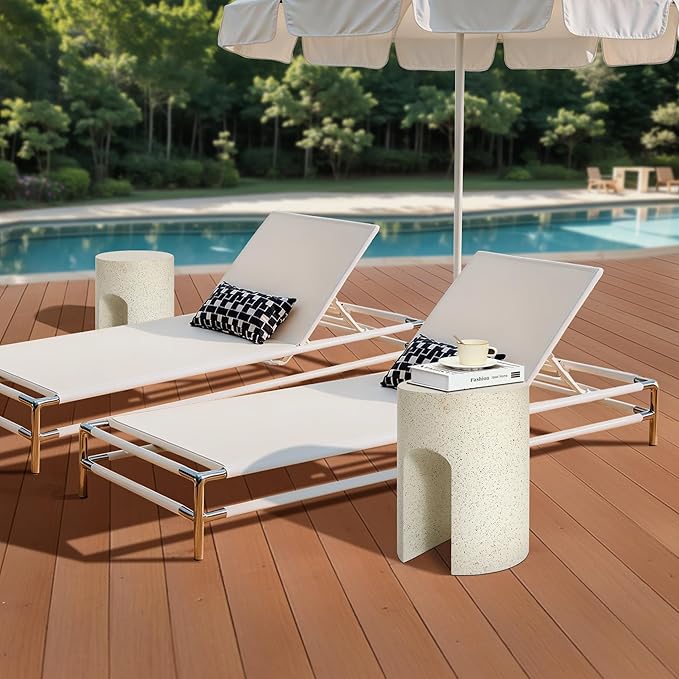 LuxenHome Mod Cream Cement Round with U-Shape Outdoor Side Table, Set of 2