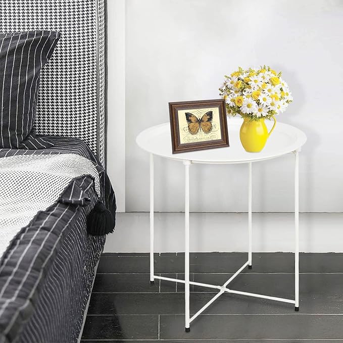 Garden 4 you End Table Metal Side Table White Round Folding Tray Cyan Sofa Small Accent Fold-able Table, Round End Table Tray, Next to Sofa Table, Snack Table for Living Room and Bed Room