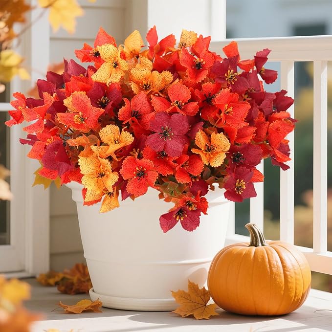 Artificial Fall Mums Flowers Plants for Outdoor Decoration, 12 Bundles Faux Fake Silk Orange UV Resistant Look Real for Autumn Front Door Porch Planter Patio Garden Home Decor (12Pcs Orange Hydrangea)