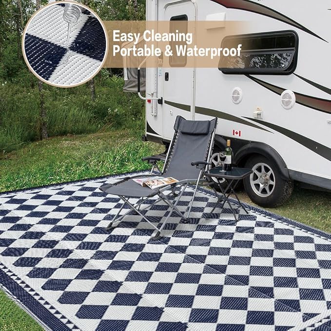 HUGEAR Outdoor Waterproof Rug 8'x10' Plastic Straw Rugs Washable Reversible Floor Mat Blue Plaid Carpet for Camping RV Deck Entryance Porch Picnic Balcony Beach Backyard