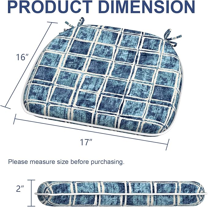 Outdoor Chair Cushions Set of 4, Water Resistant Patio Chair Pads with Ties, Seat Cushions for Home Garden Furniture Decoration, 16"x17",Denim Blue Checkered