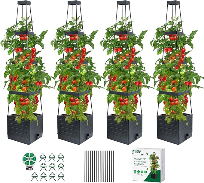 Garden Trellis for Climbing Plants, 57in Raised Garden Bed Planter Box with Trellis, Tomato Cage Planters for Outdoor Plants Climbing Vegetable Vine Flowers Outdoor & Indoor/Self-Watering (4PCS)