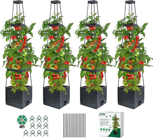 Garden Trellis for Climbing Plants, 57in Raised Garden Bed Planter Box with Trellis, Tomato Cage Planters for Outdoor Plants Climbing Vegetable Vine Flowers Outdoor & Indoor/Self-Watering (4PCS)
