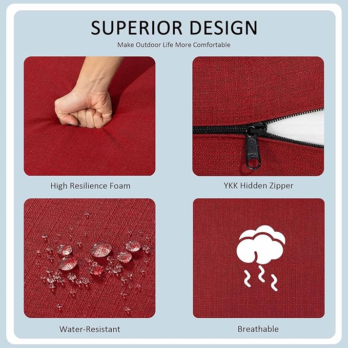21.5x25.5 Inch Outdoor Deep Seat Cushions Set of 2,Thick High-Density Foam, Water-Resistant, Piped Edges & YKK Hidden Zipper for Patio Furniture,Chili