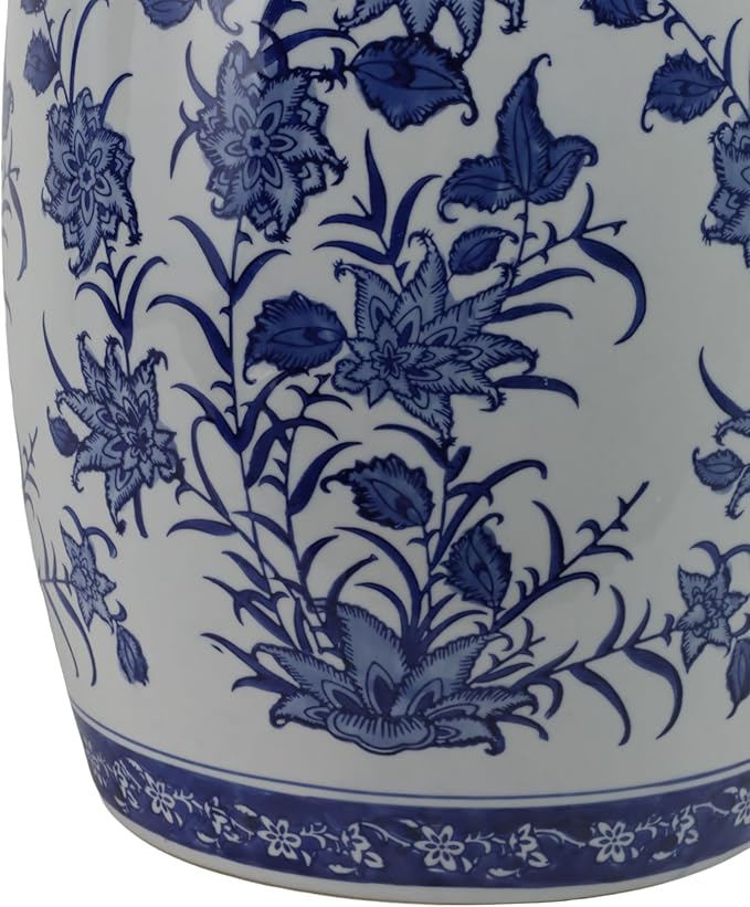 Decorative Chinoiserie Stool for Outdoor Side Table - Ceramic Floral Pattern for Indoor Garden, Entryway, and Patio Area - Home Decor Accent Stool for Plant Stand Display - 18", Blue & White