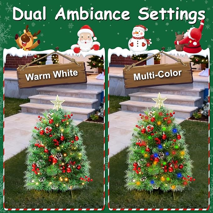 JOYHALO 2 Pack 32 Inch Outdoor Porch Christmas Tree with 50 Lights in Warm White and Multicolor, Prelit Artificial Christmas Tree Urn Filler with PVC&PET Branches for Pathway Entryway Decorations