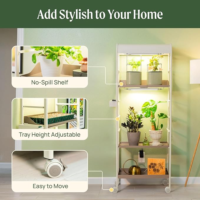 Vego garden 4 Tier Rolling Metal Corner Plant Stand Indoor with Grow Light, Display Shelf with Storage & Full Spectrum LED Grow Light, Plant Rack for Seed Starting, Leafy, Herbs, Fruits & Microgreens