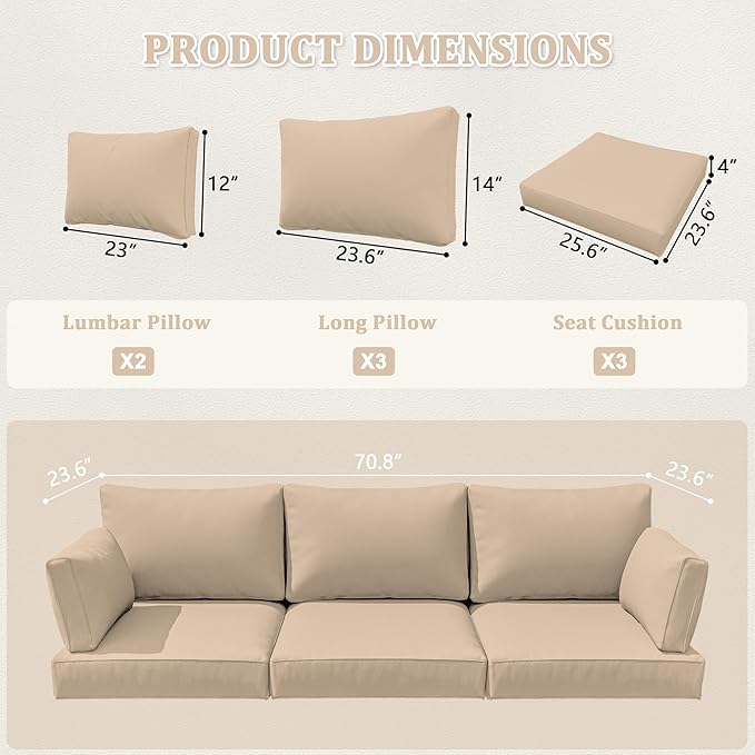 8-Piece Outdoor Cushions for Patio Furniture Thick Outdoor Chair Cushions Resilient Foam Waterproof Deep Seat Cushion Replacement for 3-Seat Sectional Sets Liner&Cover Sand