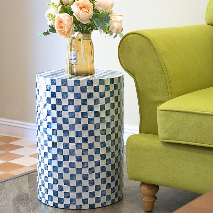 19.7” Checkered Capiz Shells Drum End Table, Decorative Cylinder Side Table & Garden Stool, Round Pedestal Accent Table for Living Room, Bedroom, Indoor & Outdoor (Navy Blue)