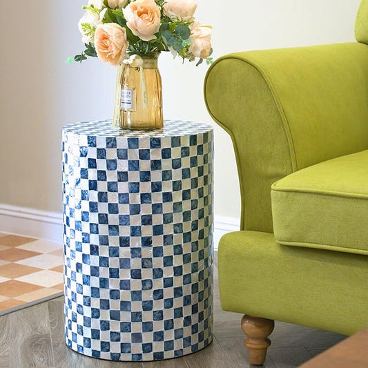 19.7” Checkered Capiz Shells Drum End Table, Decorative Cylinder Side Table & Garden Stool, Round Pedestal Accent Table for Living Room, Bedroom, Indoor & Outdoor (Navy Blue)