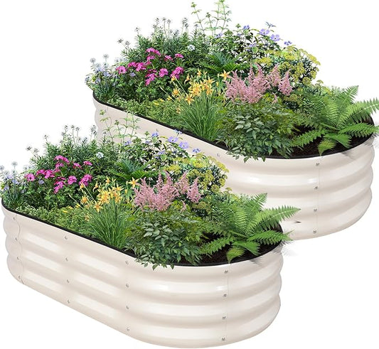 Galvanized Raised Garden Bed - 4×2×1ft (2 Packs) Planter Raised Beds for Gardening | Oval Metal Garden Planter Box with Safety Edging and Gloves for Vegetables Fruits and Flower (White)