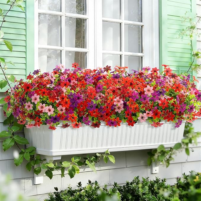 SHareconn 24 Bundles Artificial Flowers for Outdoor Spring Decorations, Realistic Fake Silk Plants UV-Resistant for Outdoor Planters,RedBrownPurpleDeepPurpleOrangePink