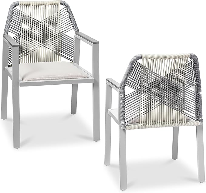 Best Choice Products Outdoor Dining Arm Chair Set of 2, Aluminum Frame with Armrest, All-Weather Woven Rope Chair Design - Gray/Meteor