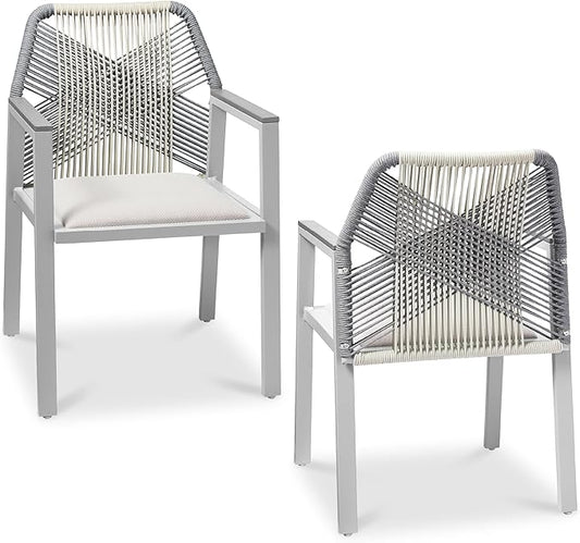 Best Choice Products Outdoor Dining Arm Chair Set of 2, Aluminum Frame with Armrest, All-Weather Woven Rope Chair Design - Gray/Meteor