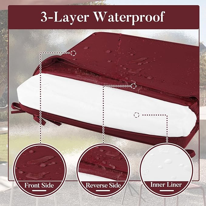 Basic Beyond Outdoor Chair Cushions for Patio Furniture, Waterproof Outdoor Seat Cushions Set of 4 19 x 19, Patio Chair Cushions Set of 4 with Ties and Handle, Burgundy