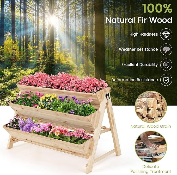 S AFSTAR 3-Tier Vertical Garden Bed, Wooden Elevated Planter Bed with Legs, Storage Shelf, 2 Hooks, Raised Bed Kit for Flower Vegetable Herb, Outdoor Plant Box Stand for Yard Garden & Balcony