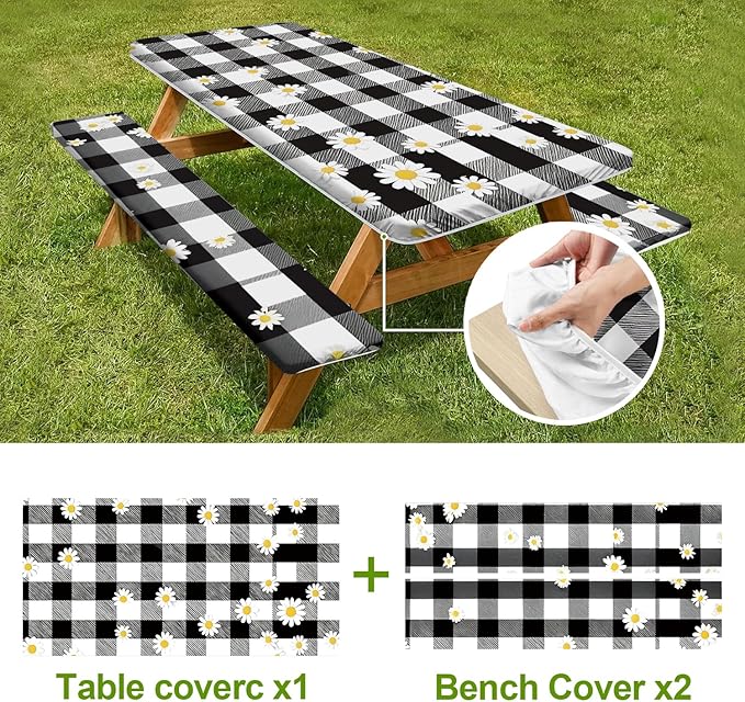 Vintage Gingham Picnic Table Cover with Bench Covers Set of 3 - Black White Check with Floral Accents, Elastic Fitted Tablecloth for 6 Ft Tables, Washable Polyester Cover for Patio, Indoor & Outdoor