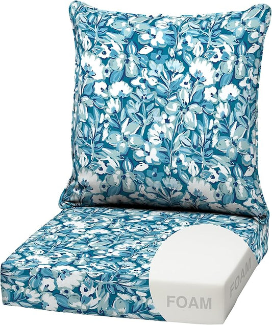 Arden Outdoor Foam Deep Seat Cushion Set, 22 in x 24 in, Weather-Proof, Rain-Proof, Fade Resistant Patio Cushion, Bottom and Back Cushion for Chair, Sofa, and Couch Aqua Blue Fusion Floral