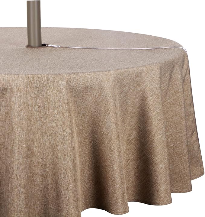 Outdoor Tablecloth Wrinkle-Free Stain Resistant Waterproof Polyester Fabric Table Cover with Zipper Umbrella Hole for Picnic/Party/Dinner/Patio Garden(60inch Round,Zippered,Flax)