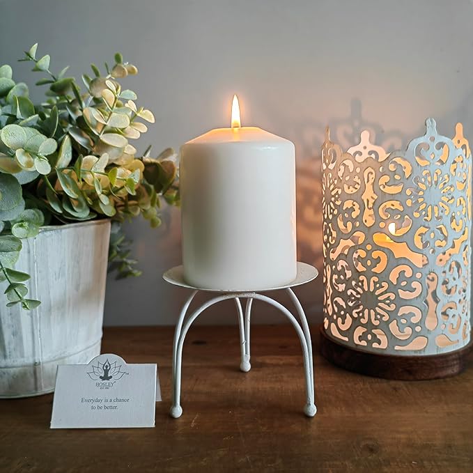 Hosley Set of 2 Whitewashed Iron Pillar Candle Holders – 3.6” Height – Ideal for LED and Pillar Candles, Weddings, Parties, Home Décor, Spa, Reiki, and Aromatherapy