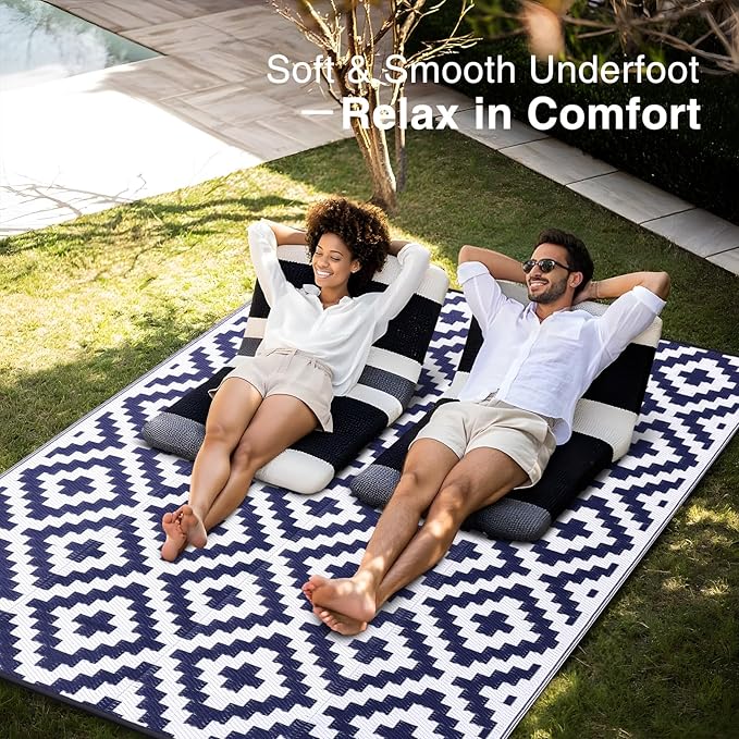 OLANLY Waterproof Outdoor Rug 6x9 ft, Outdoor Plastic Straw Rug for Camping, RV Mat Outside, Indoor Outdoor Carpet for Porch, Deck, Backyard, Balcony, Picnic, Navy & White