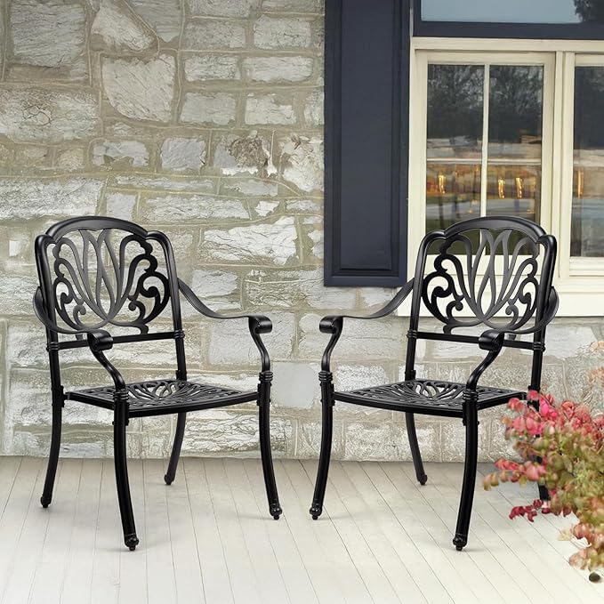 VINGLI Patio Chairs Set of 4 - Stackable Outdoor Cast Aluminum Dining Chairs with Vintage Black Finish and Floral Pattern, Metal Armchairs for Poolside, Backyard, Balcony (No Cushion)