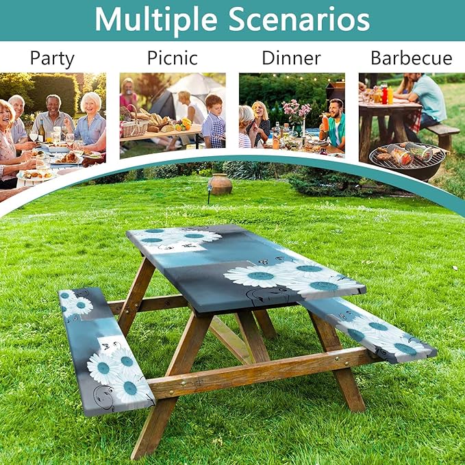 Picnic Table Cover with Bench Covers and Bag, Daisy Outdoor Waterproof Windproof Tablecloth with Elastic Edges. Camping Accessories RV Gear Campers Must Have 60x30 Inches 3 Pcs Set (Teal)