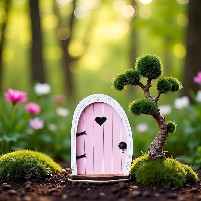 Pink Streak Mini Fairy Garden Door for Tree, 3D Miniature Fairy Door for Fairytale Tiny House Doors, Bonsai Terrarium Micro Landscape Decoration Accessories Garden Miniatures