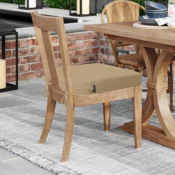 idee-home Outdoor Chair Cushions Set of 4, Thick 17" x 17" x 3" Patio Chair Cushions for Outdoor Furniture, Waterproof with Ties, Seat Cushion, Dining Chair Pads, Antique Beige
