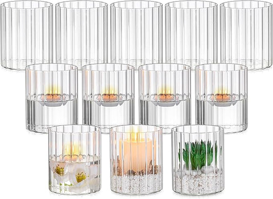 Glasseam Glass Hurricane Candle Holder: Ribbed Cylinder Candle Holders Set of 12 Clear Pillar Candle Holders for Table Centerpiece Modern Floating Candle Vases for Decor Wedding ChristmasParty 3.94’’