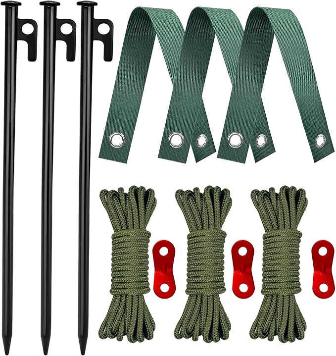 Tree Stakes and Supports, Heavy Duty Tree Stakes Kit Include 3Pcs Tree Straps for Staking, 3Pcs 16" Steel Spikes, and 39Ft Rope, Tree Supports for Young Tree Anti Strong Wind, Bad Weather