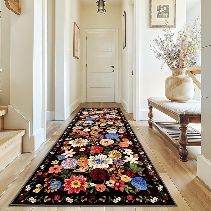 Rug for Hallways Kitchen Rug 3x7, Non Slip Washable Rugs with Rubber Backing Soft Floral Carpet Runner for Hallways, Kitchen, Laundry, Bedroom, Bathroom(3 x 7, Black Garden)