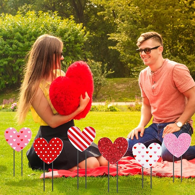 Pickmesh 6 Pcs 12" H Valentine's Day Metal Yard Sign Heart Valentine Metal Yard Stakes Barn Garden Stake for Planter Pot Walkway Pathway Outdoor Decor Lawn Decoration