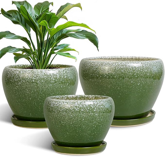 Ceramic Pots for Plants, 10+8+6 Inch Round Decorative Planters for Indoor Outdoor with Drainage Holes and Saucers, Office Garden Room Patio Decor, Gifts for Plant Lovers, Set of 3, Green
