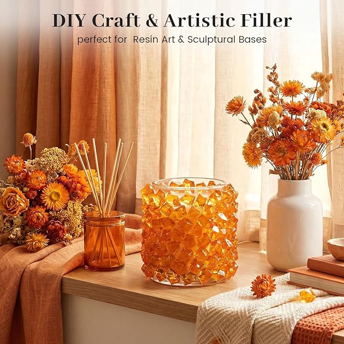 DomeStar Orange Fake Ice Rocks, 150PCS Acrylic Gems Crystals Plastic Diamonds Fake Ice Cubes Centerpiece for Vase Fillers DIY Craft Wedding Party Table Scatter Burnt Orange Decorations