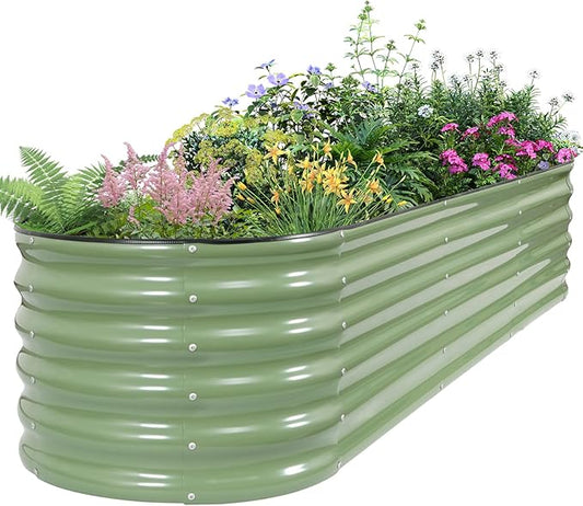 Galvanized Raised Garden Bed - 8×2×1.4ft Planter Raised Beds for Gardening | Oval Metal Garden Planter Box with Safety Edging and Gloves for Vegetables Fruits and Flower OliveGreen