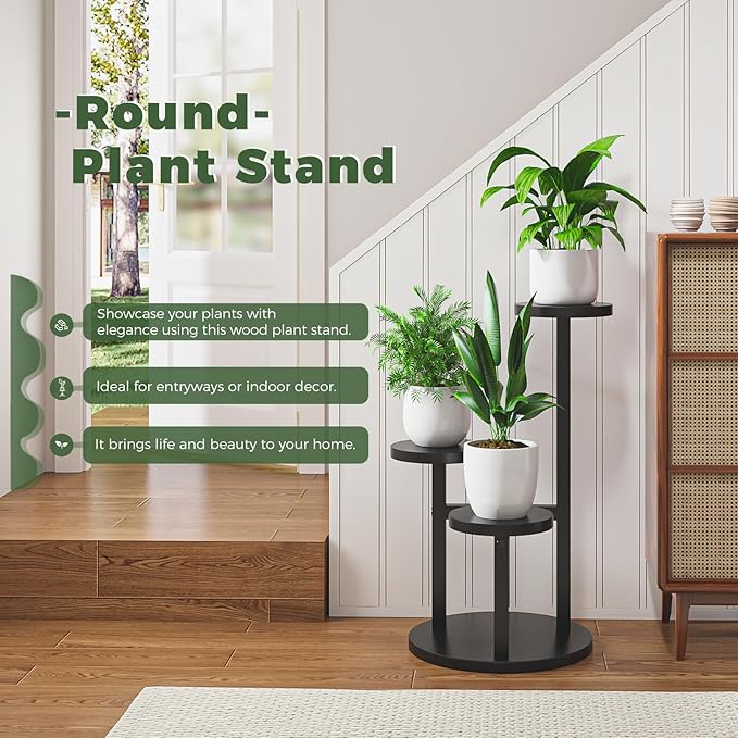 Bamworld 3 Tier Plant Stand Indoor, Corner Wood Plant Shelf for Multiple Plants, Small Tiered Round Flower Stand for Patio Garden Balcony Living Room Bedroom, Black