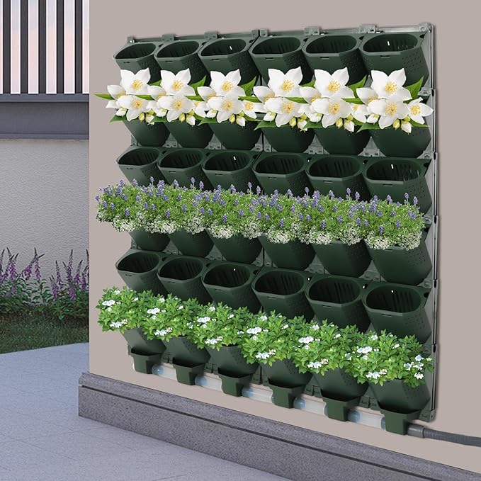 Self-Watering Wall-Mounted Planter, 36 Pots Wall Mounted Plastic Plant Grow Pot Vertical Garden Planter with Intelligent Control & Adjustable Irrigation System for Indoor Outdoor (Green, 36 Pots)