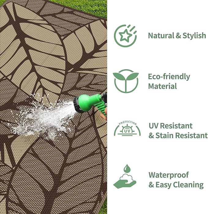 GENIMO Outdoor Rug 6' x 9' Waterproof for Patio Clearance, Reversible Plastic Straw Camping Carpet, Lightweight Mat for Rv, Camper, Deck, Porch, Picnic, Balcony, Beach, F.Coffee & Beige