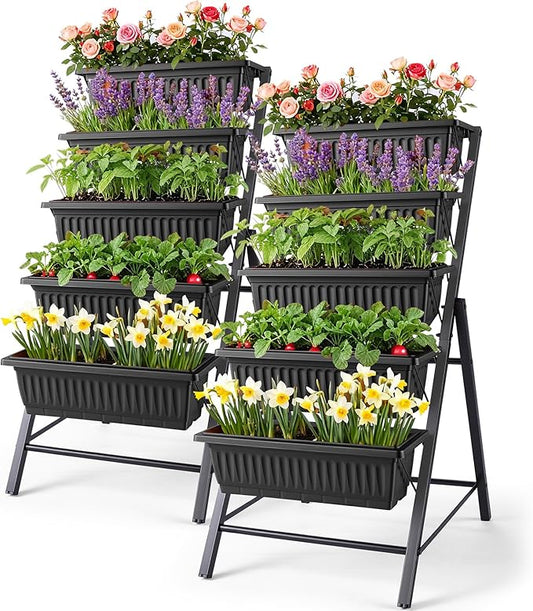 Homdox 2 Pack Vertical Garden Bed, 5 Tiers Vertical Raised Garden Planter, 23 * 26 * 45Inch Outdoor Garden Raised Bed with 4 Hooks, Vegetable Flower Planter Raised Stand for Garden Patio Yard, Black
