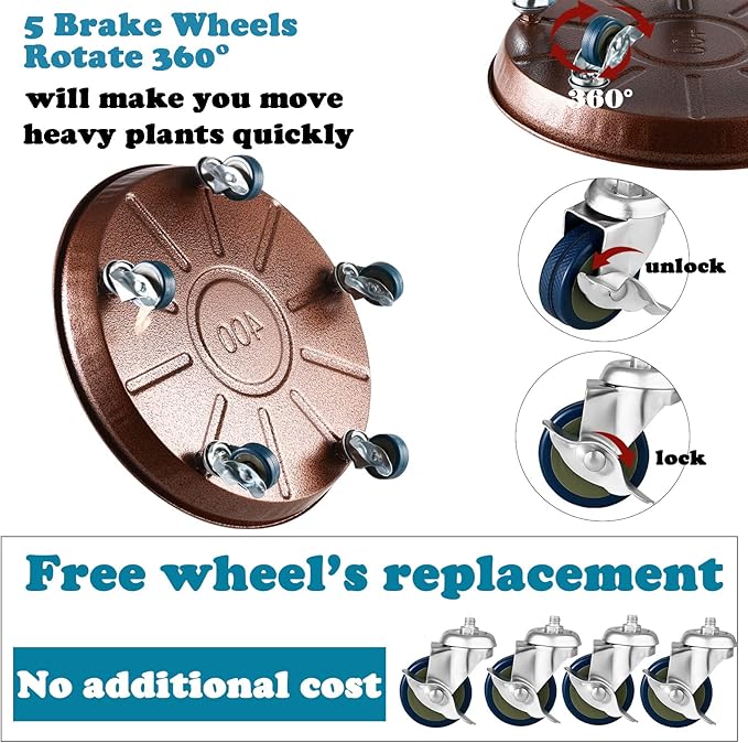 Planterhoma 3 Packs 16" Metal Plant Caddy with Wheels Extra-Large Rolling Plant Stand Heavy-Duty Plant Dolly with Casters Indoor Outdoor Wheeled Flower Pot Mover Rollers Garden Cart Trolley, Copper