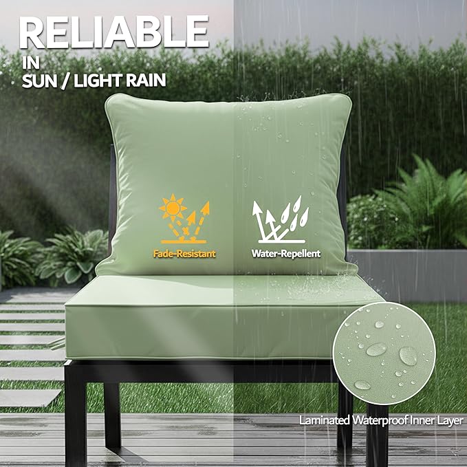 19x19 Inch Patio Chair Cushions Set of 2, Outdoor Furniture Cushions - Removable Cover, Water-Repellent, Fade-Resistant, Non-Slip Bottom & Straps, Replacement for Lawn, Porch & Deck Chair - Sage Green