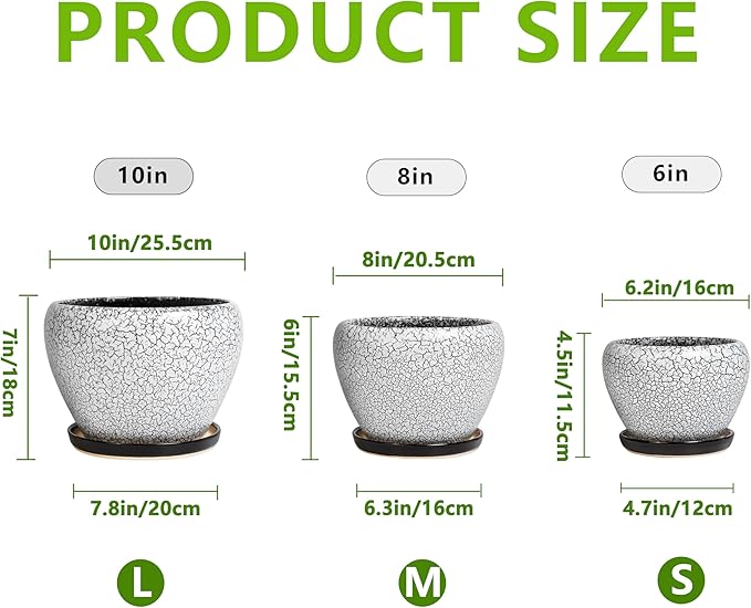 Ceramic Plant Pots Set of 3, 10+8+6 Inch Modern Round Flower Planters with Drainage Holes and Plant Saucers for Indoor Outdoor, Home Garden Room Porch Decor, Plant Lover Gifts, White-Black