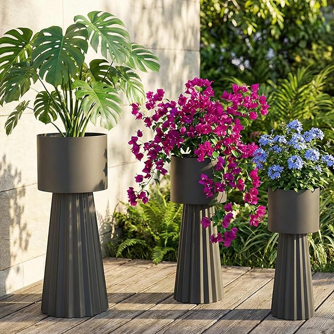 Tall Round Flower Pots, Set of 3 Metal Planters for Indoor Outdoor Plants, Large Planter Pot, Planters for Garden Front Porch Patio, 22.83", 26.77", 29.72" H, Dark Gray