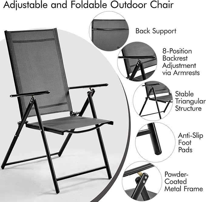 Yaheetech Patio Folding Dining Chairs Set of 2, Stackable Outdoor Lawn Chairs with 8 Adjustable Back Positions and Armrest for Garden, Lawn, Yard and Beach, Dark Gray