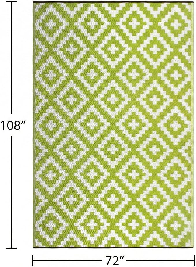 FH Home Outdoor Rug - Waterproof, Fade Resistant, Reversible - Premium Recycled Plastic - Geometric - Large Patio, Deck, Sunroom, Camping, RV - Aztec - Green & White Crease Free - 6 x 9 ft