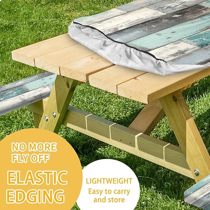 Picnic Table Cover with Bench Covers 72IN 6FT, Camping Essentials Tablecloth Waterproof Oilproof with elastic Edge for Indoor Outdoor Patio (Retro Wood Grain Blue)