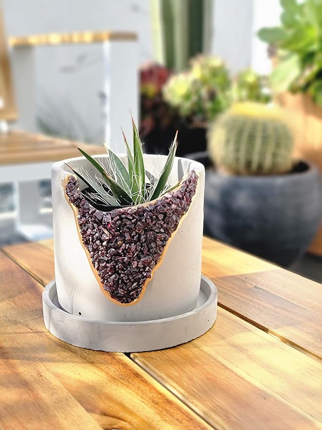 4 Inch Crystal Plant Pot with Saucer - Cement Geode Planter - Concrete Pots for Plants - Modern Succulent Pot Indoor - Unique Air Plant Holder - Candle Holder - Small Plant Home Decor (Red Garnet)