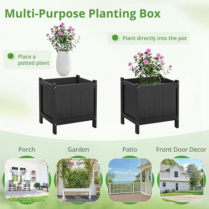 LUE BONA Outdoor Plant Pots, 13.7" x 12.5" x 14.5" Flower Pots with Drainage Holes, Outdoor Planters Boxes for Outdoor Plants - Porch Patio, Garden or Entryway, Black